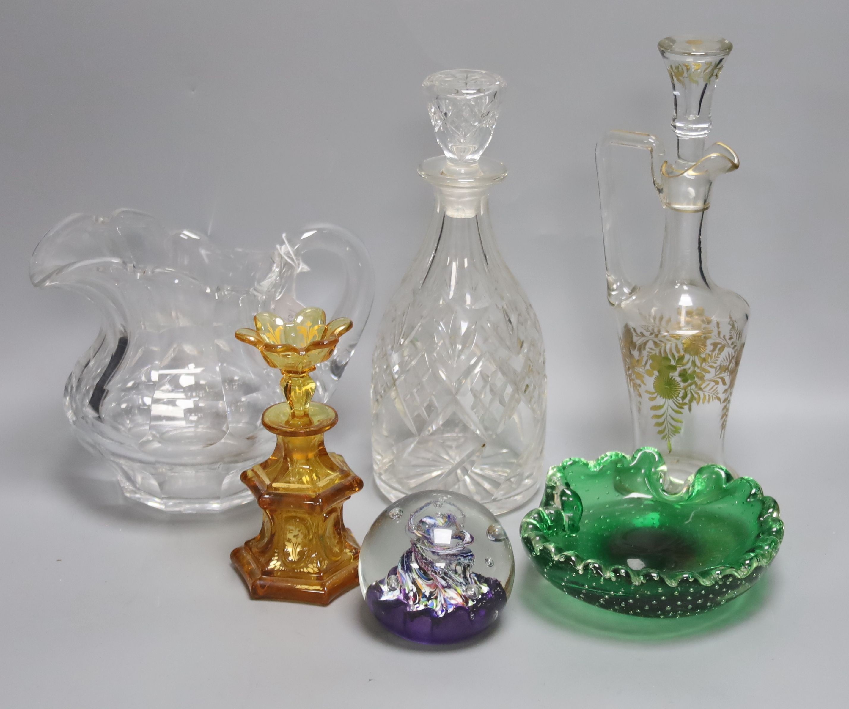 An amber glass scent bottle, 15cm and a collection of sundry glassware